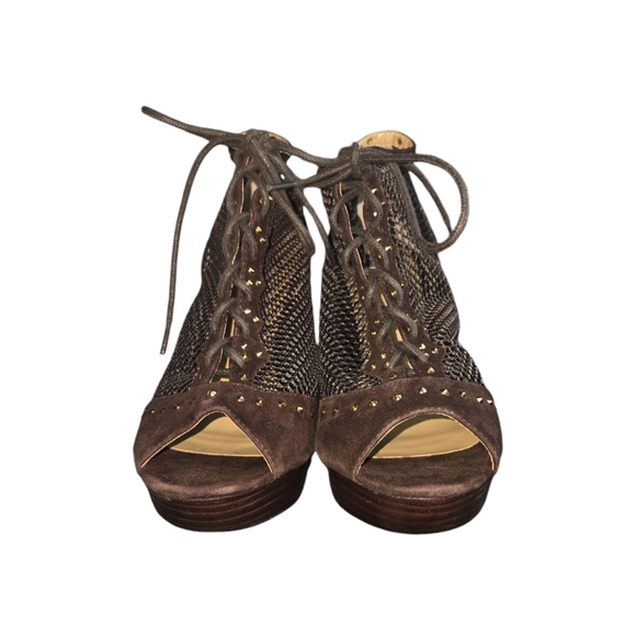 N.Y.L.A. mesh and gold studded leather peep toe bootie in brown NIB - Picture 4 of 8